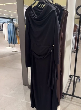 ZA外贸出口女装新款一字肩舒适软质中长款按扣连衣裙2298616