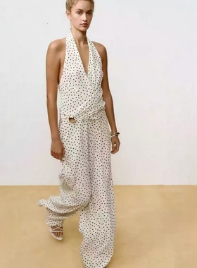 ZA外贸出口女装卡扣装饰深V甜美波点挂脖露背连体裤2298166