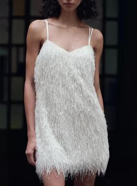 ZA外贸出口秋冬女装亮光金属色线流苏饰迷你吊带连衣裙9207965