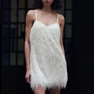 ZA外贸出口秋冬女装 亮光金属色线流苏饰迷你吊带连衣裙9207965