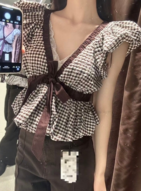 ZA外贸出口女装新款大V领气球型撞色小格纹蝴蝶结无袖上衣2298070