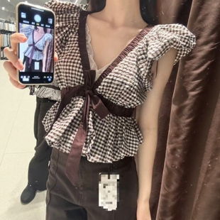 大V领气球型撞色小格纹蝴蝶结无袖 上衣2298070 新款 ZA外贸出口女装