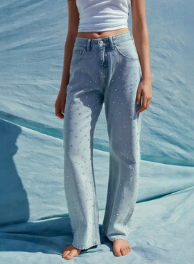 ZA外贸出口女装纯手工烫钻繁星水钻饰高腰弧形时尚牛仔裤 3607011