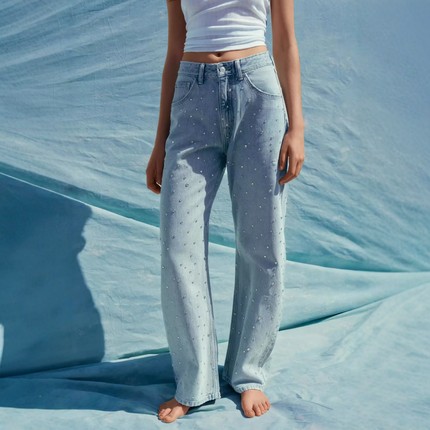 ZA外贸出口女装纯手工烫钻繁星水钻饰高腰弧形时尚牛仔裤 3607011