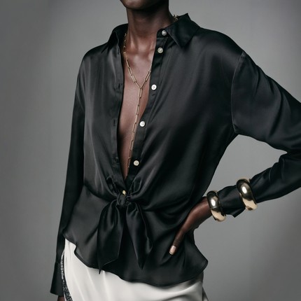 ZA外贸出口女装华贵黑天鹅亮面排扣结饰丝缎质感衬衫8653335 307