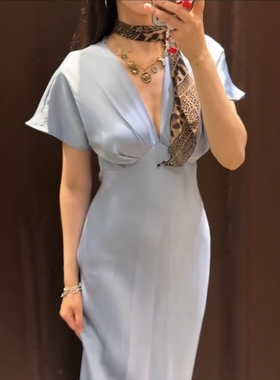 ZA外贸出口新款女装斗篷款式丝缎质感短袖v领迷笛连衣裙 2330399