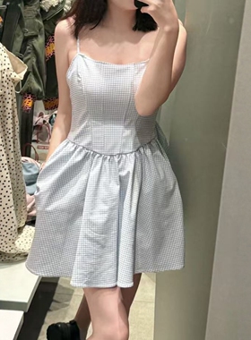 ZA外贸出口女装清新蓝白小格纹鱼骨收腰束身迷你连衣裙 2180337