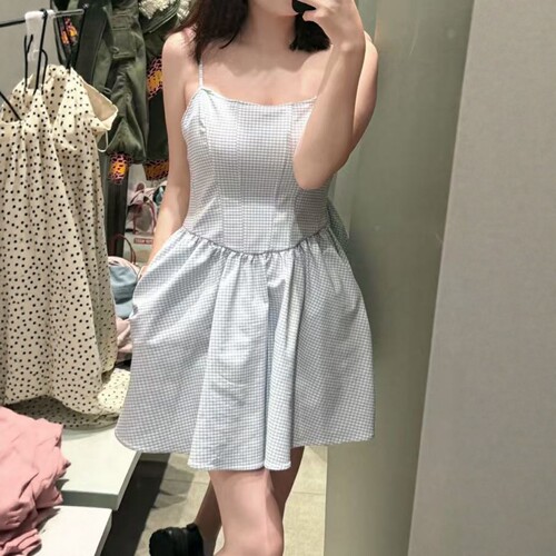 ZA外贸出口女装清新蓝白小格纹鱼骨收腰束身迷你连衣裙 2180337