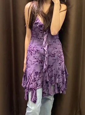 ZA外贸出口女木耳边小流苏度假风植绒绢网叠层连衣裙0085321 629