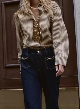 ZA外贸出口女装新品休闲舒适翻领直筒基础款经典条纹衬衫 1971165