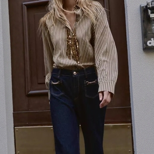 条纹衬衫 ZA外贸出口女装 经典 休闲舒适翻领直筒基础款 1971165 新品