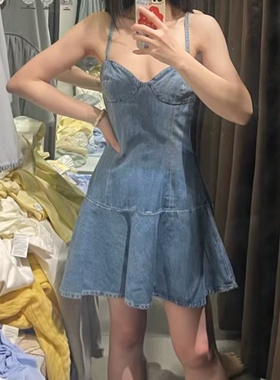 ZA外贸出口女装美式辣妹心形领细吊带软质牛仔迷你连衣裙5252081