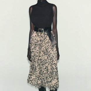 拼接迷笛连衣裙2298172 豹纹印花配腰带背心式 ZA外贸出口女装 新款