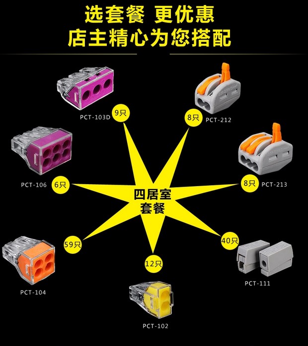 快速建筑电线端子 家居套装4四居室 暗盒底盒接线端子 142只装