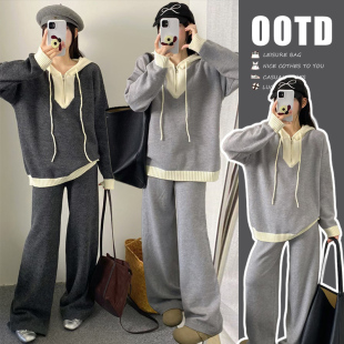 两件套春秋 撞色连帽毛衣卫衣宽松慵懒风针织阔腿裤 孕妇套装 秋冬款