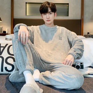 加绒加厚保暖秋冬青少年家居服套装 冬季 珊瑚绒睡衣男款 2025年新款