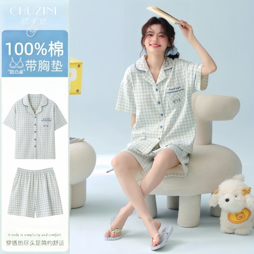 纯棉女夏季翻领带胸垫可外穿睡衣