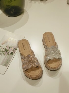 路贝佳女鞋波西米亚厚底外穿度假闪钻凉拖L24375D-09水钻凉鞋