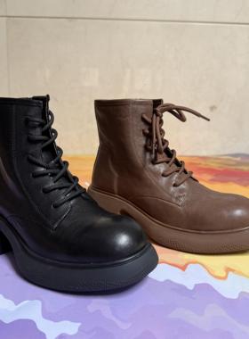 路贝佳马丁圆头侧拉链粗跟简约女靴2024冬L24957F-56