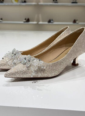 路贝佳女鞋浅口尖头高跟气质蝴蝶结婚宴鞋2025春L25194A-42