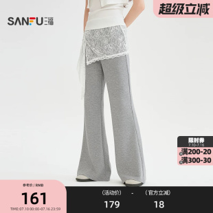 三福休闲裤2026夏季蕾丝荷叶边屁帘松紧腰喇叭长裤女装526584