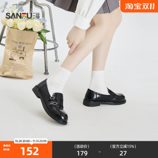 三福女乐福鞋秋季学院通勤复古英伦风布洛克圆头女鞋861445