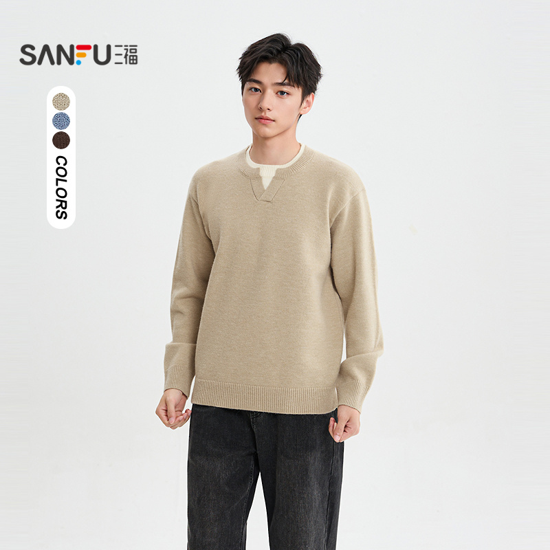三福2025冬季男士假两件套头毛衣 时尚宽松圆领保暖上衣511910