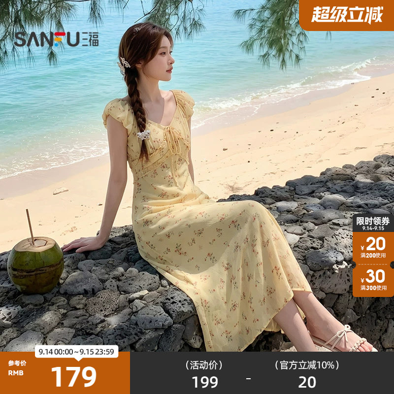 三福碎花连衣裙2026夏季绑带装饰V领木耳花边收腰长裙女装527172图片