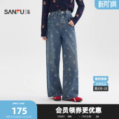 印花宽松阔腿裤 满版 时尚 长裤 515941 三福牛仔裤 女装 女显瘦2026春季