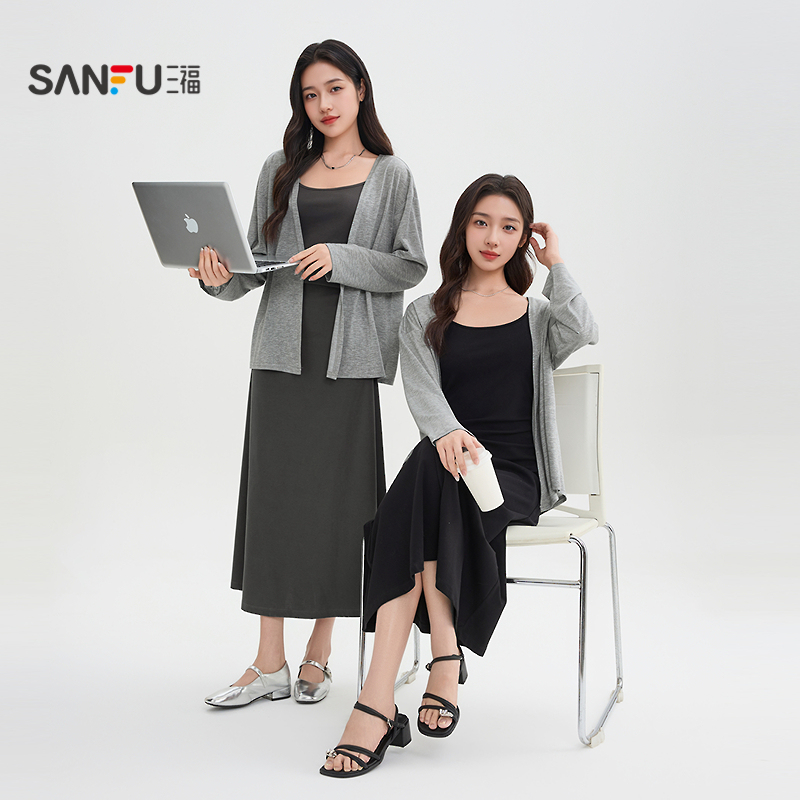 三福裙套装2026春季后背交叉系带吊带长裙衬衫两件套女装513445