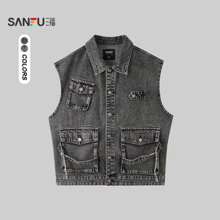 牛仔马甲 做旧工装 街头宽松多口袋外套515585 男士 三福2026春季