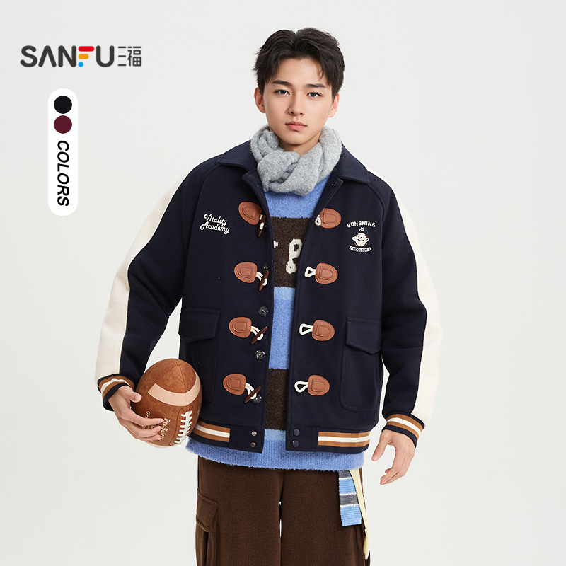 三福2025冬季牛角扣刺绣棉衣 休闲美式宽松棒球服外套513376