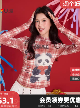 三福长T恤2026春季熊猫印花圆领格子网布休闲上衣女装517516