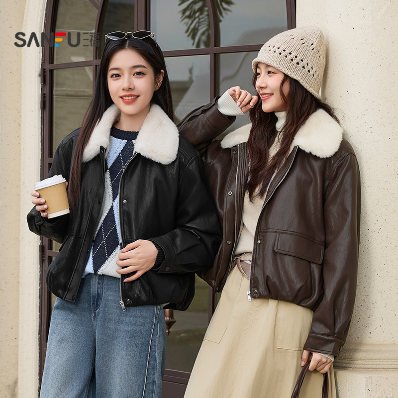 三福pu皮衣加厚加绒外套女2025冬季保暖毛领皮夹克上衣女装511706