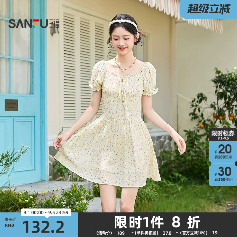 三福连衣裙2026夏季泡泡袖绑带碎花收腰清新裙子女装522021图片