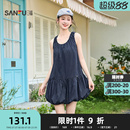 三福小众设计连衣裙2026夏季休闲少女格子花苞短裙圆领娃娃裙女装
