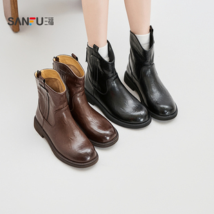 三福鞋子女短靴冬季静奢老钱风美式复古单提耳纯色靴子女鞋848370