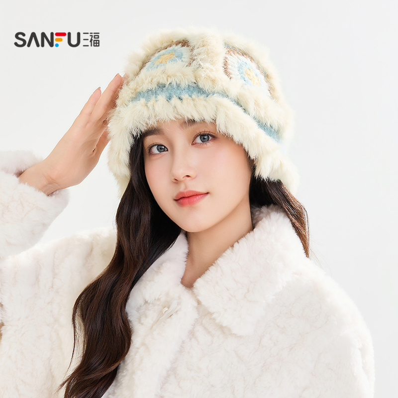 三福手钩兔毛款西瓜帽 唯美个性针织保暖服饰配件帽子848639
