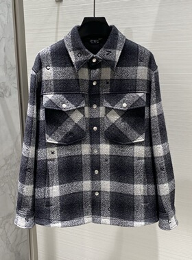 CNC男装 25秋冬logo字母刺绣男士格子羊毛呢夹克外套 333011