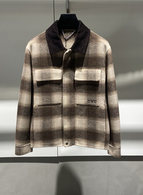 现货CNC男装 25秋冬logo字母刺绣男士格纹羊毛夹克外套 324015
