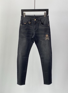 特惠Dartin Bonaparto DB 骷髅头双刀烫钻男士修身牛仔裤 127328