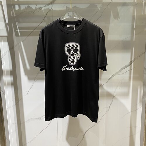 Karl Lagerfeld 春夏款老佛爷logo字母烫钻植绒印花男士短袖T恤