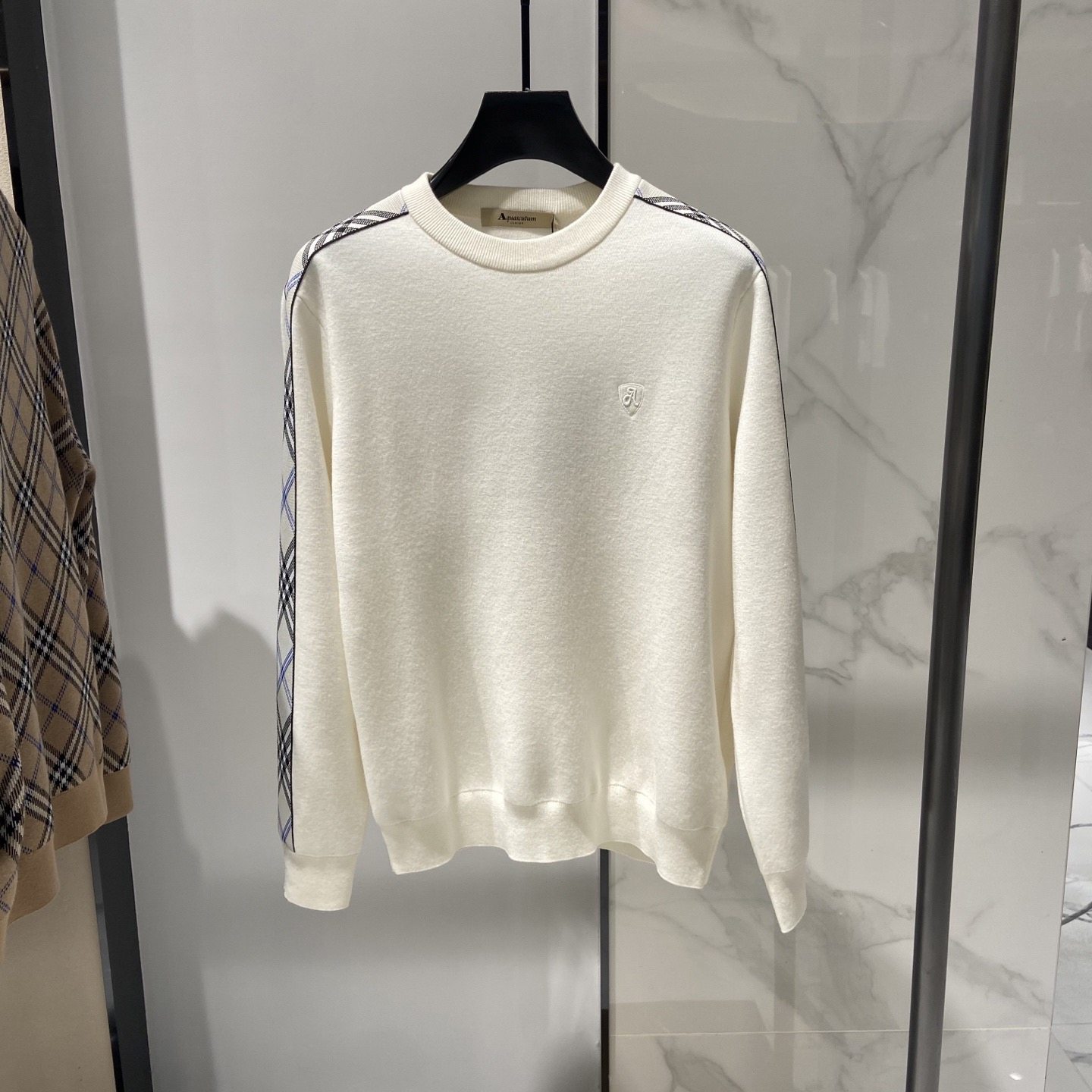 现货Aquascutum雅格狮丹 25秋冬侧边格纹拼接男士羊毛针织衫毛衣,男装,针织衫/毛衣,淘宝优惠券,粉丝福利购,淘宝优惠卷