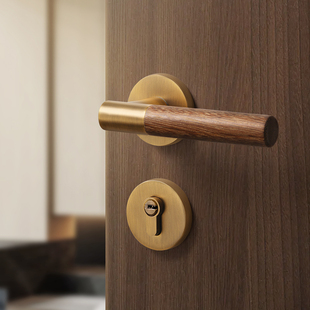 中古风卧室门锁复古胡桃木木门门把手室内磁吸静音房间分体房门锁