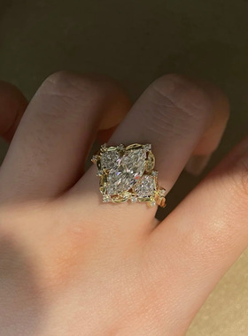 vintage中古风高碳钻心形马眼戒指复古公主风金色皇冠订婚指环女