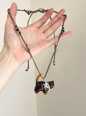 Vintage古着 Amber Meow项链复古咖色小猫花朵项链可爱编绳项链