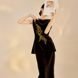 黑色复古钉珠丝绒马甲背心秋季设计感无袖上衣显瘦半裙套装 NX005