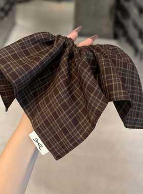 韩国英伦风复古早秋咖色格纹方巾肥肠圈大宽边显发量多弹力