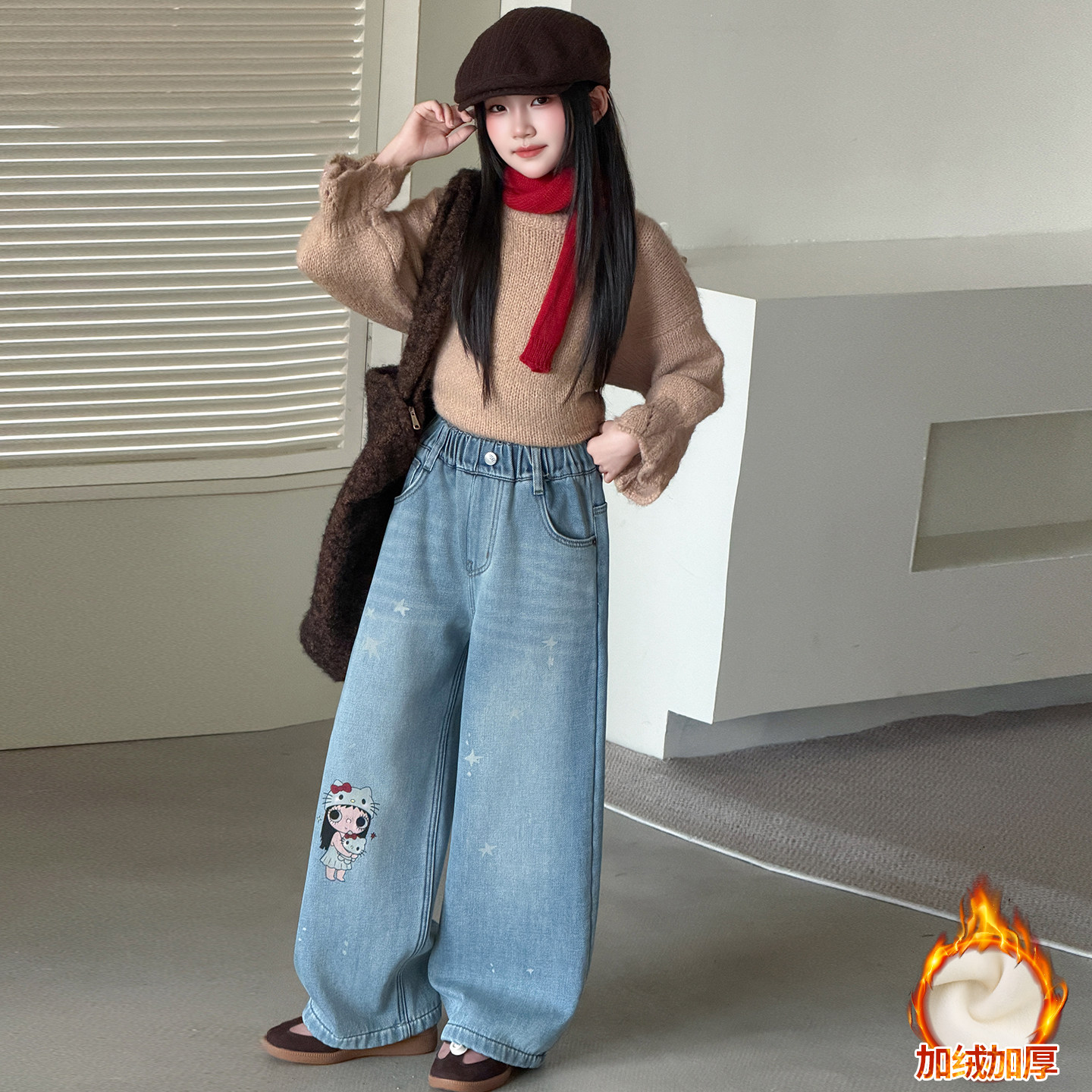 女童秋冬卡通印花加绒牛仔裤