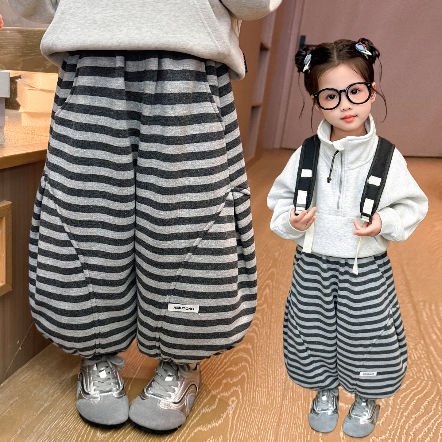 条纹贴标女童加绒束脚休闲裤子